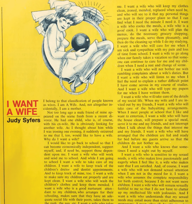 Female Emancipation and the Glass Ceiling: I Want a Wife